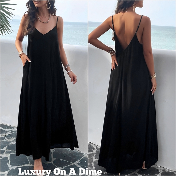 Oversized Pocket Casual Sleeveless V-Neck Low Back Long Summer Maxi Dress - Picture 4 of 16